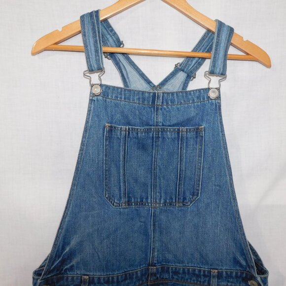 AE American Eagle Womens L Distressed Blue Jean Denim Short Overalls Medium Wash - Picture 3 of 12